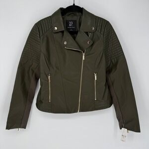 NEW YORK & COMPANY OLIVE GREEN FAUX LEATHER MOTO GOLD HARDWEAR JACKET  NWT SMALL